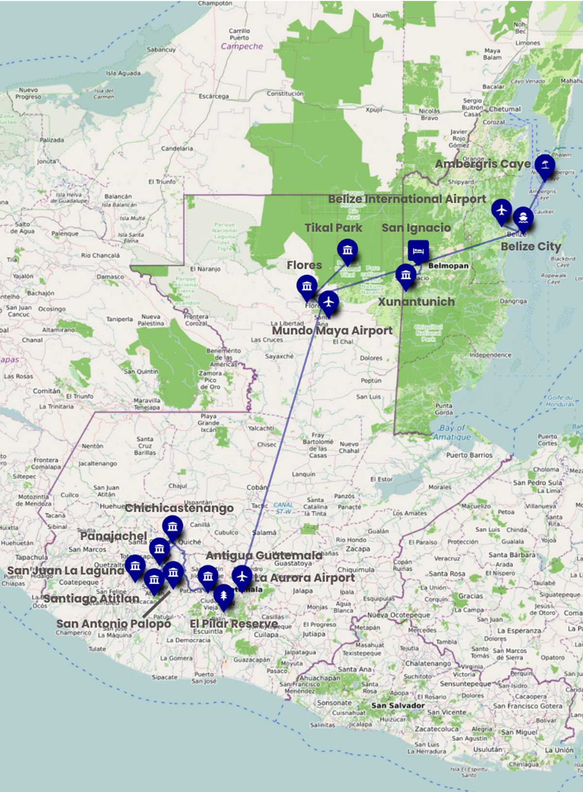 Ultimate Belize and Guatemala Itinerary Tour Map