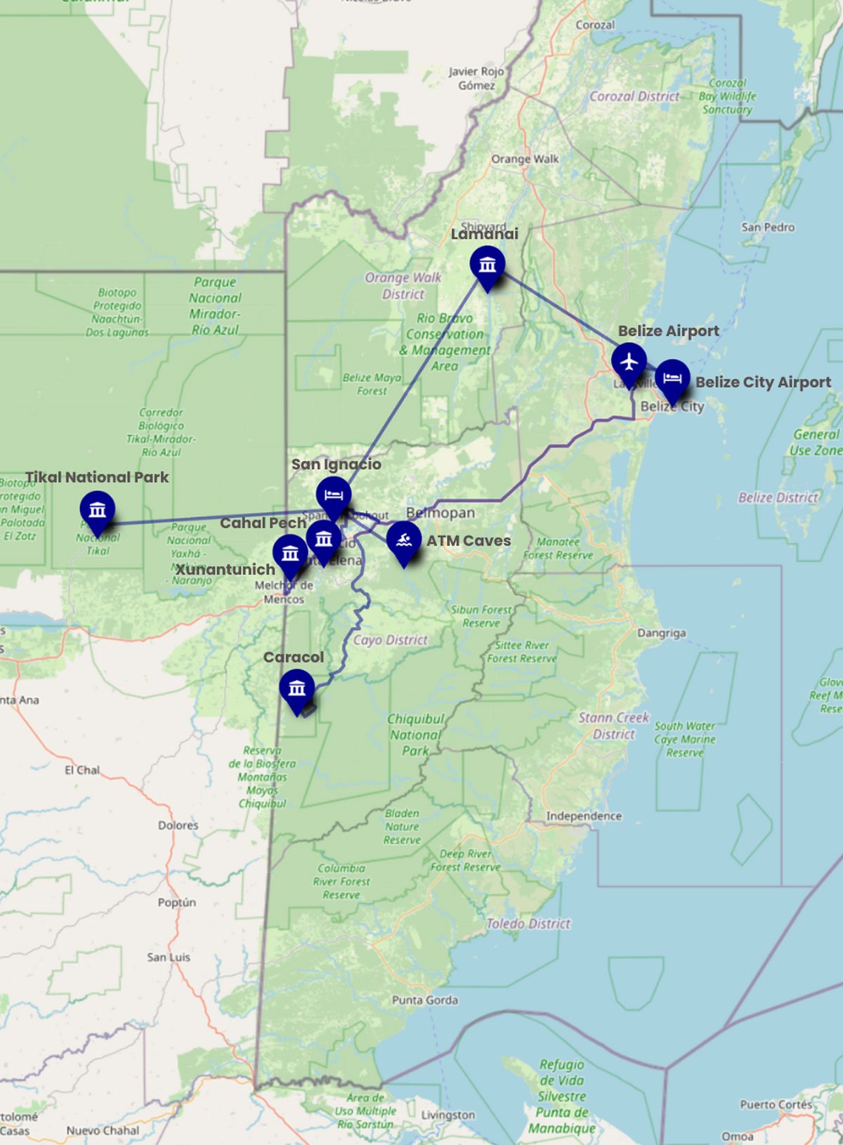 Travel Map of The Belize Tikal Archaeological Tour
