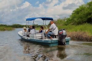 Tour boat with guide and visitors exploring wetlands in Belize’s Crooked Tree Wildlife Sanctuary Birding Tour.