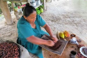 Belize Maya chocolate tour — cacao beans grinding on a traditional Maya stone by a woman in San Ignacio.