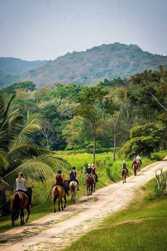 adventurers exploring the jungle on horseback during a San Ignacio Horseback Riding Cave Tour in Belize.