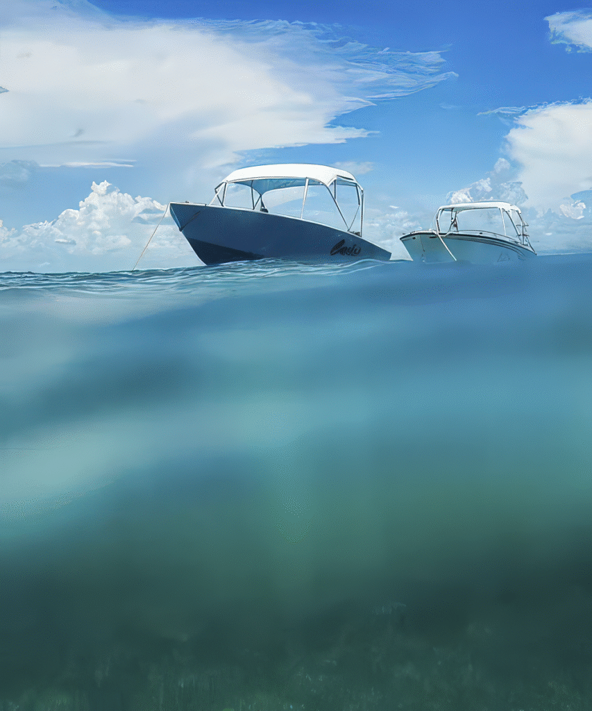 Divers’ boat anchored in the turquoise Caribbean waters off San Pedro Ambergris Caye, a scenic stop on the Ultimate Belize and Guatemala Itinerary.