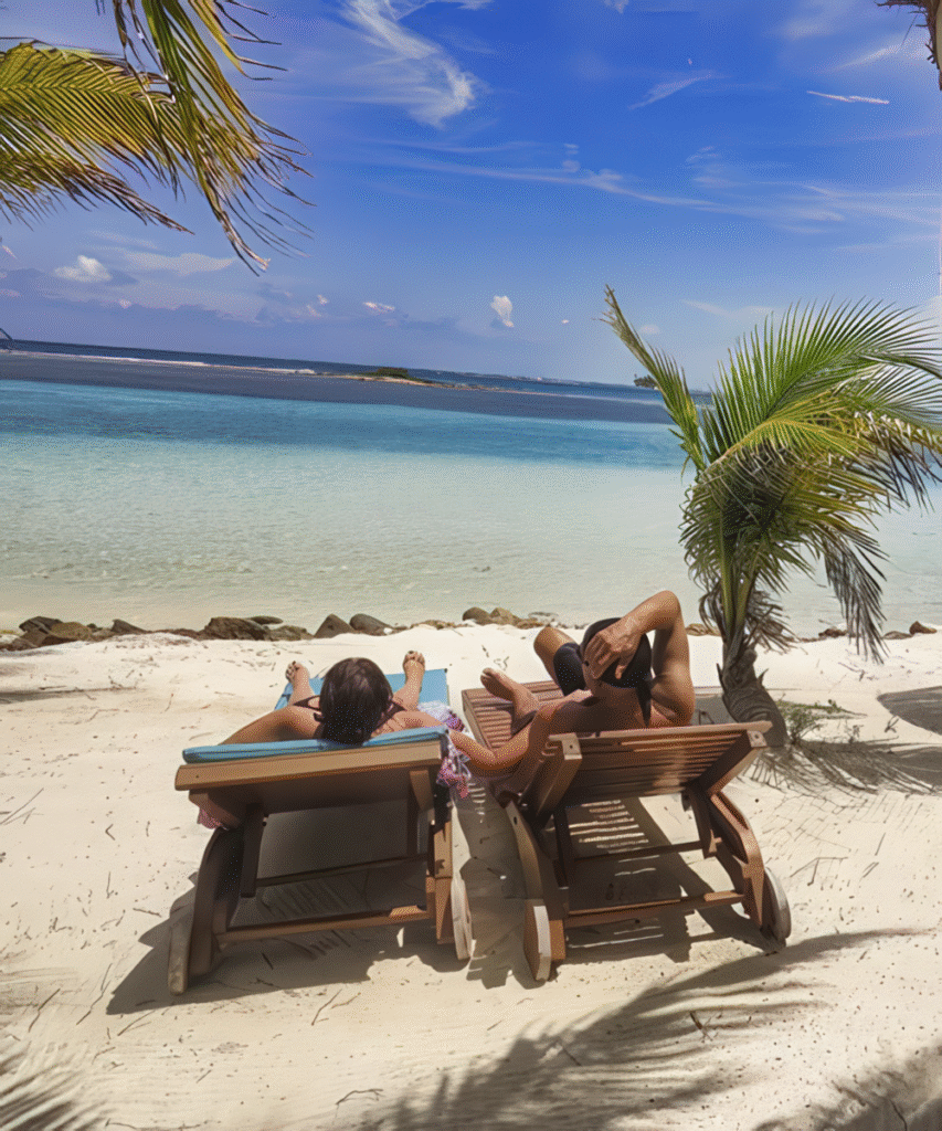 Couple relaxing on wooden chairs along Placencia Beach with Caribbean views, a serene moment during a Belize Adventure Tour.
