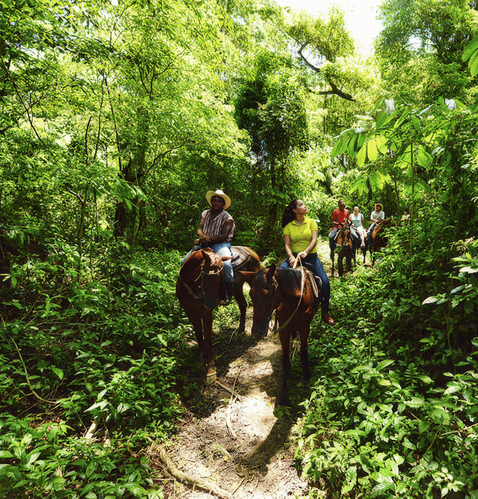 Family enjoying a horseback riding tour through the lush landscapes of San Ignacio, a perfect activity on a Belize Family Vacation.