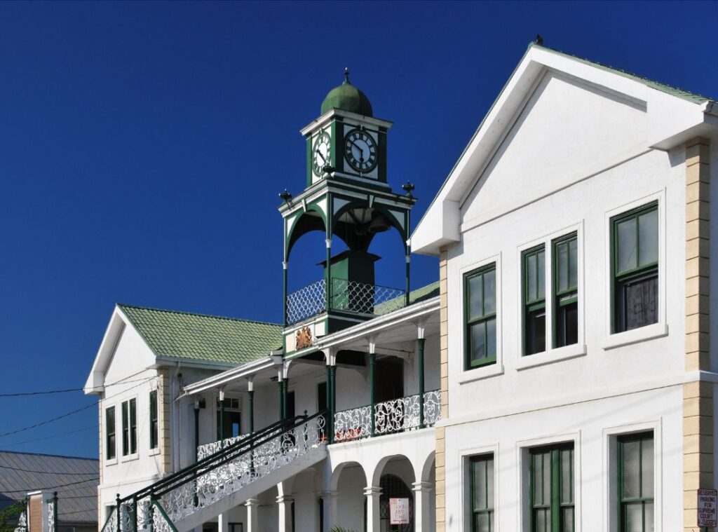 Supreme Court building in Belize City with colonial architecture and iconic clock tower