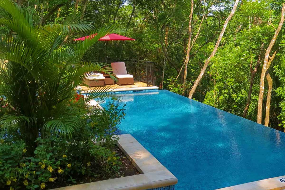 Secluded swimming pool surrounded by lush tropical forest, part of Belize vacation packages for couples seeking jungle luxury and romantic escapes.