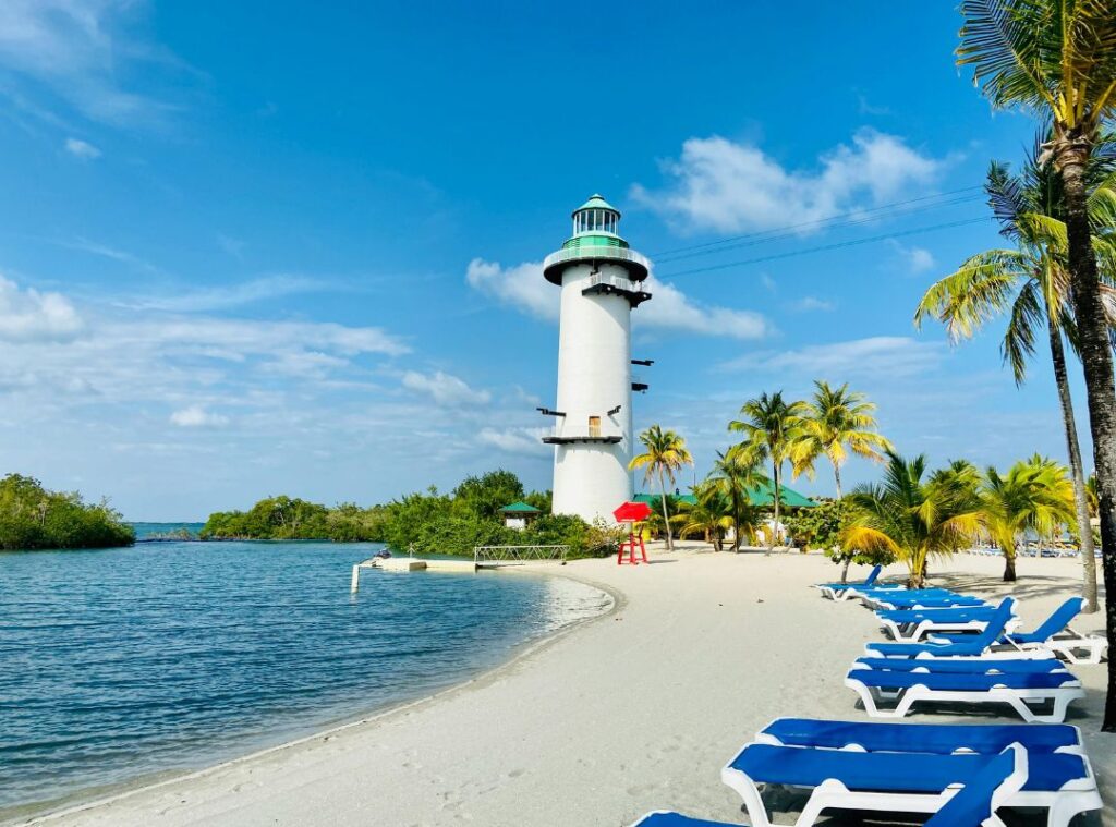 Baron Bliss Lighthouse in Belize City overlooking the Caribbean Sea under a clear blue sky