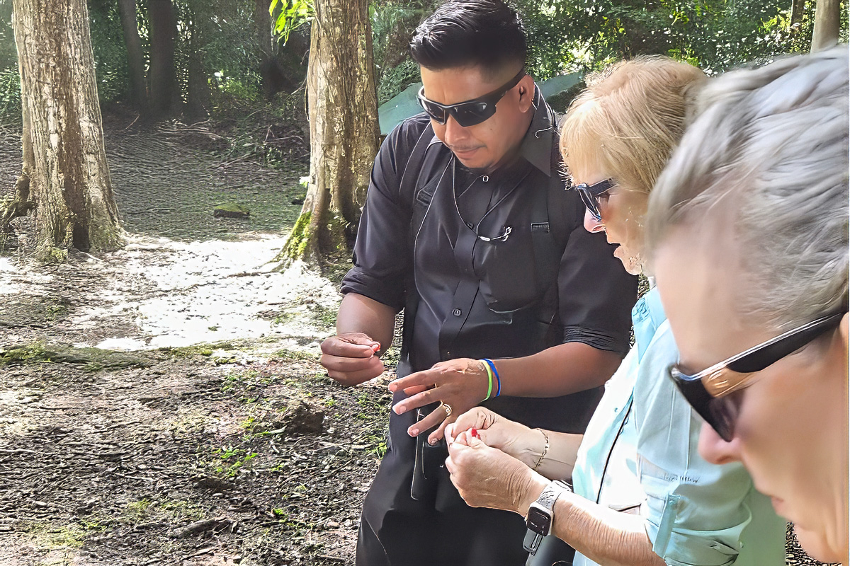 Travelers on a guided tour in Belize’s tropical forest listening to expert nature explanations — a highlight of package holidays to Belize