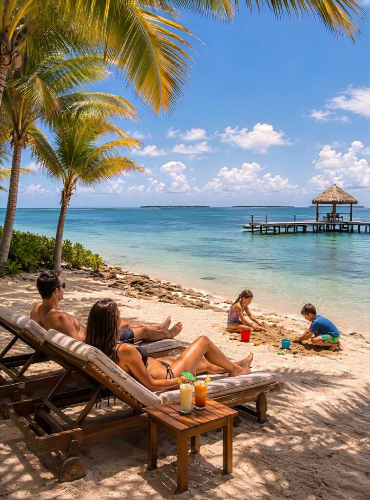Tropical beach with palm trees, two adults sunbathing on wooden loungers, and children playing in the sand near clear turquoise water.