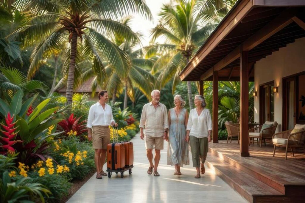 Belize-Senior-Friendly-Property - Authentic Travel Belize Family arriving at Belize boutique hotels with senior-friendly accessibility and flat entrance design