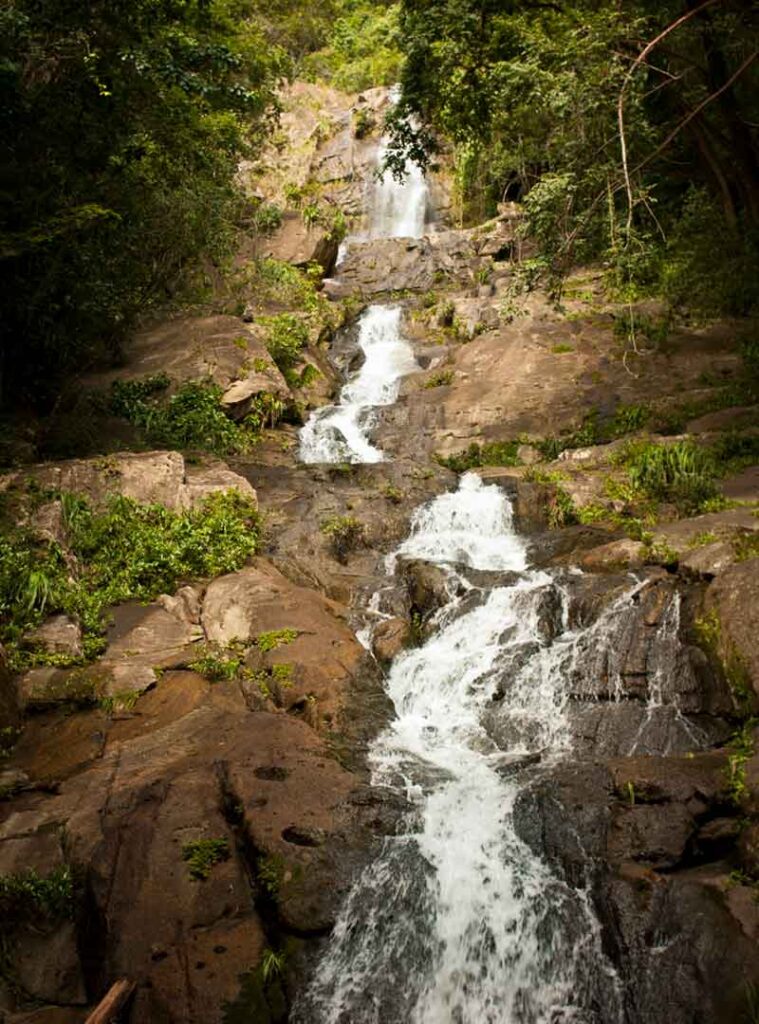 Bocawina Falls in Dangriga Belize surrounded by lush tropical rainforest, cascading freshwater pools, jungle rocks, and vibrant green vegetation.
