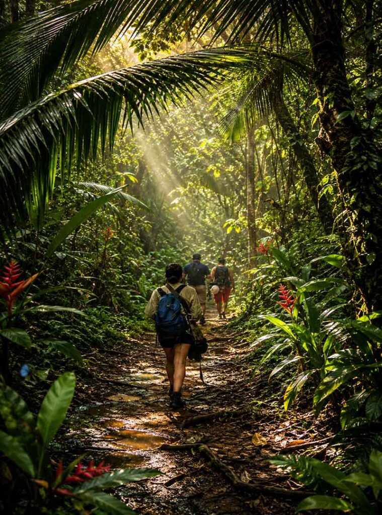 Group of hikers walking along a sunlit jungle trail surrounded by dense tropical plants.