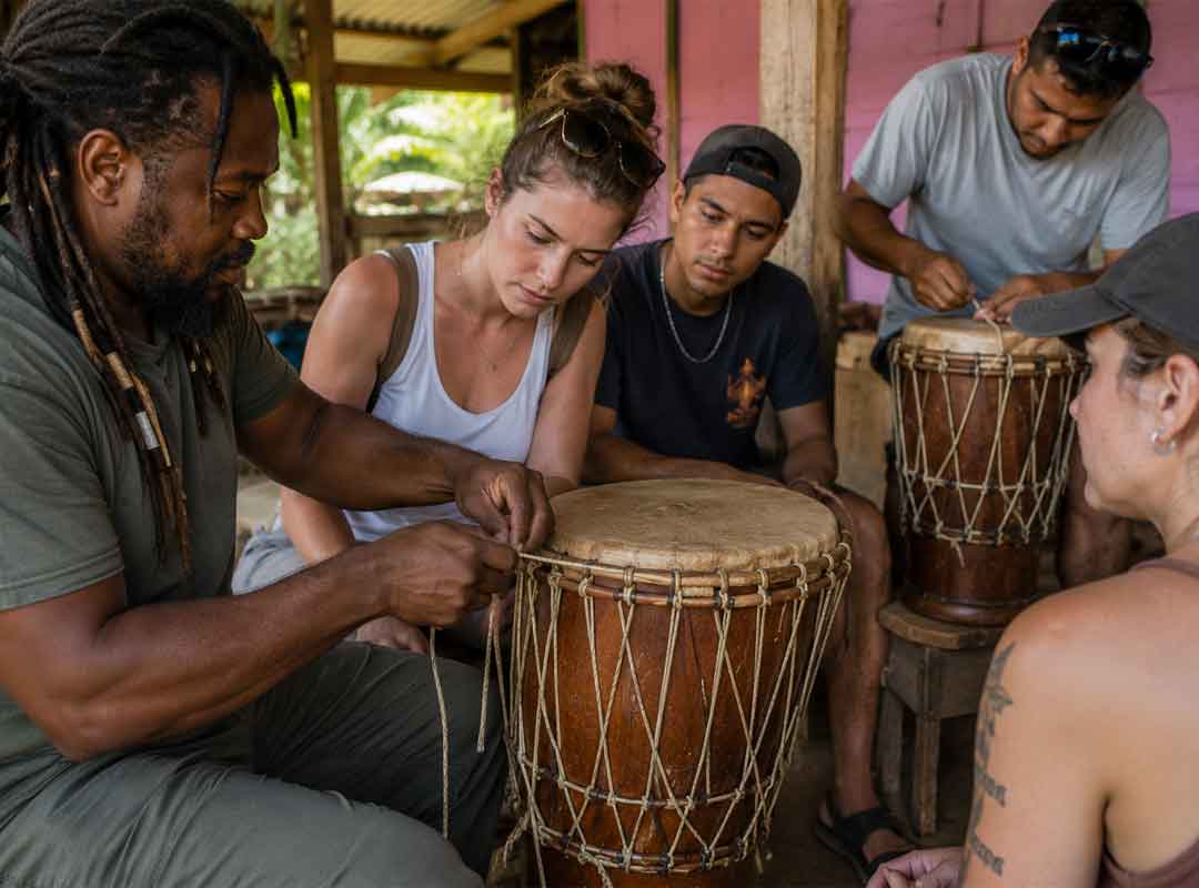 Participants learning traditional drum construction with local artisans during a hands-on Garifuna Drumming Workshop, Belize, surrounded by natural materials and a tropical cultural setting.