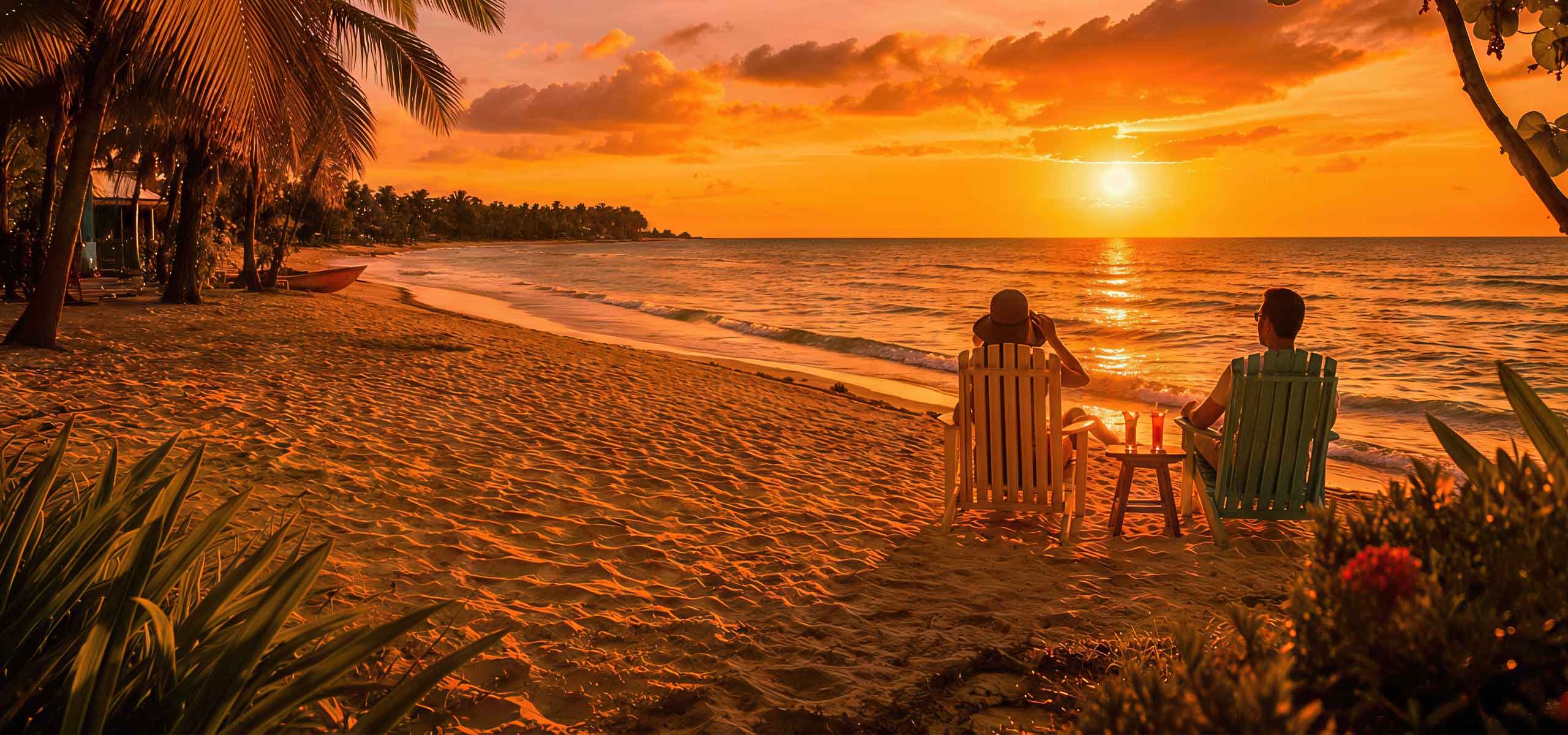 Couple relaxing at sunset on the beach in Placencia Belize with colorful chairs, golden Caribbean skies, palm trees, and peaceful ocean views.