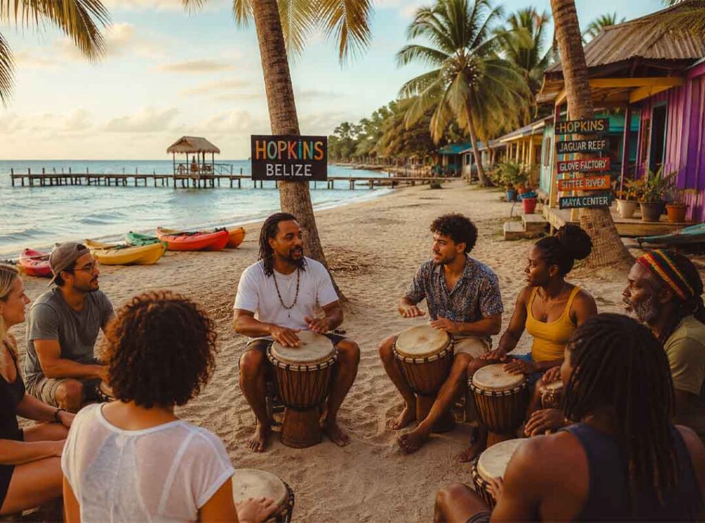 Hopkins-Becah-Session - Authentic Travel Belize Travelers join a beachside cultural gathering during a Garifuna Drumming Workshop Belize experience, surrounded by palm trees, Caribbean views, and traditional rhythms in Hopkins Village.