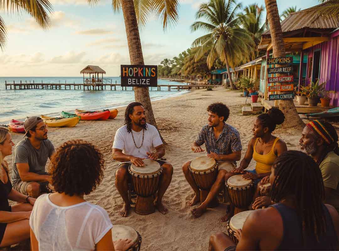 Travelers join a beachside cultural gathering during a Garifuna Drumming Workshop Belize experience, surrounded by palm trees, Caribbean views, and traditional rhythms in Hopkins Village.