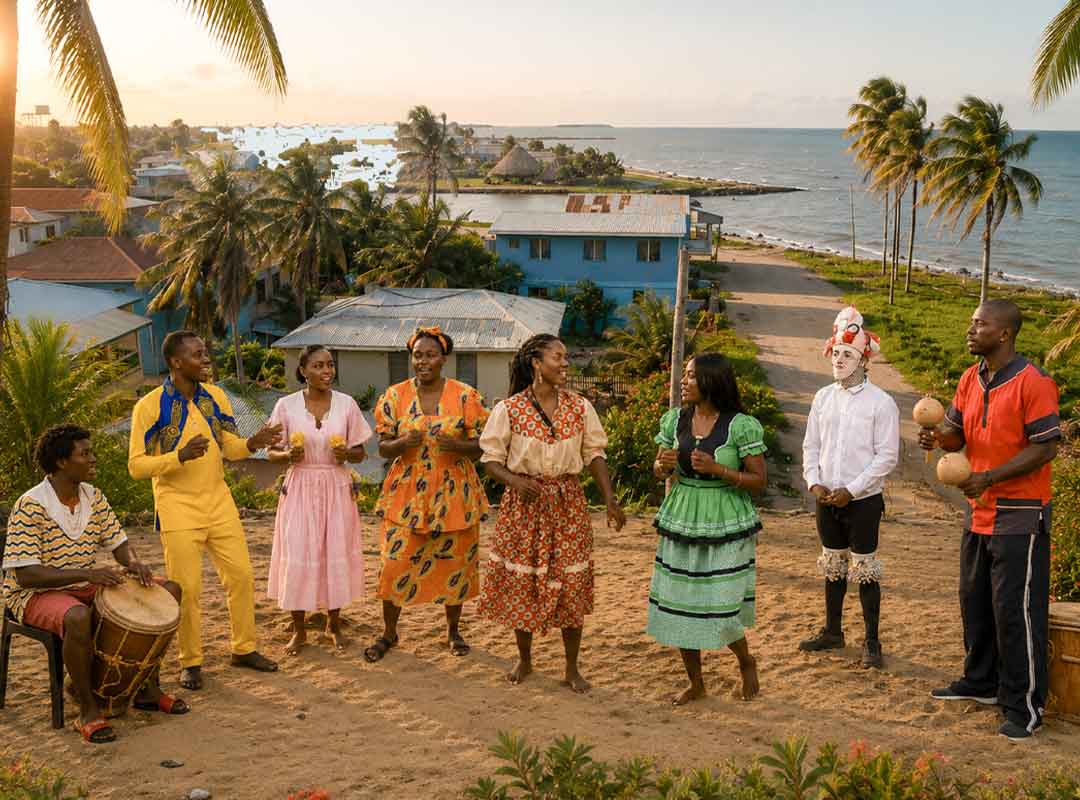Garifuna drummers and dancers performing on a tropical Belizean coastline at sunset, surrounded by palm trees and seaside village scenery during a traditional Garifuna Drumming Workshop, Belize.