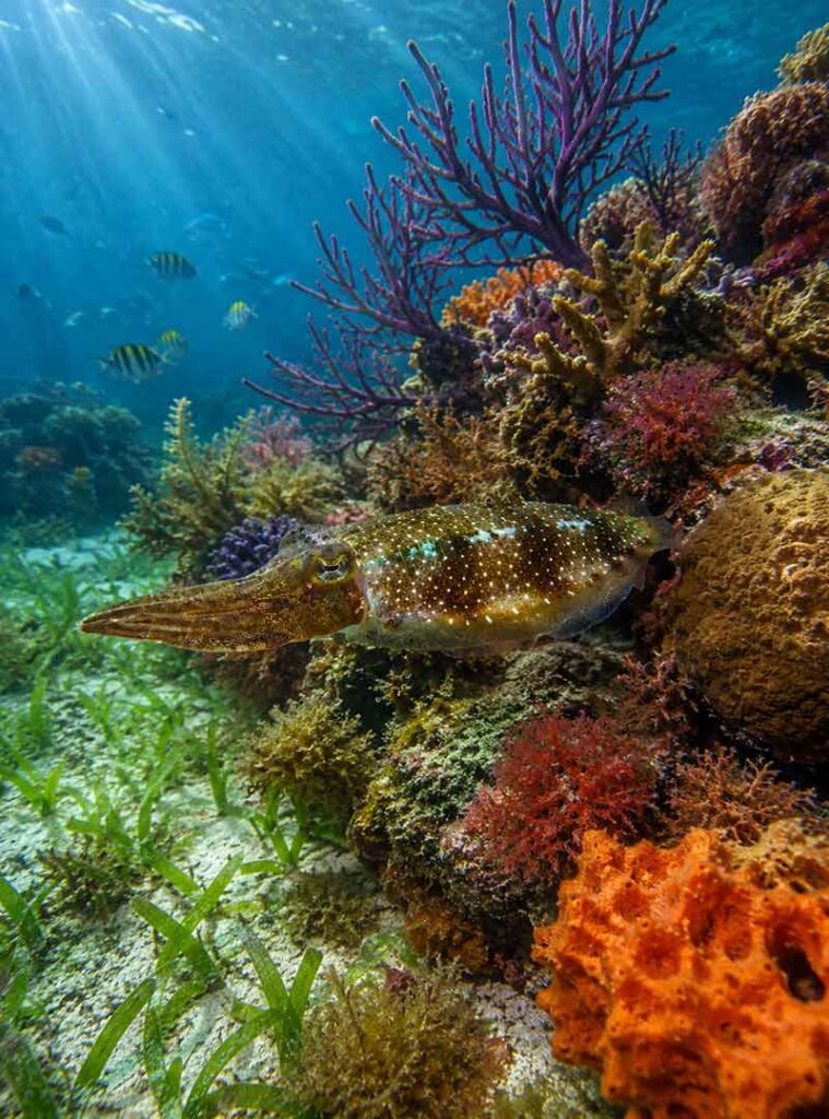 Close-up underwater view of a cuttlefish swimming above colorful coral formations and tropical marine life along the Belize Barrier Reef near Hopkins Belize.