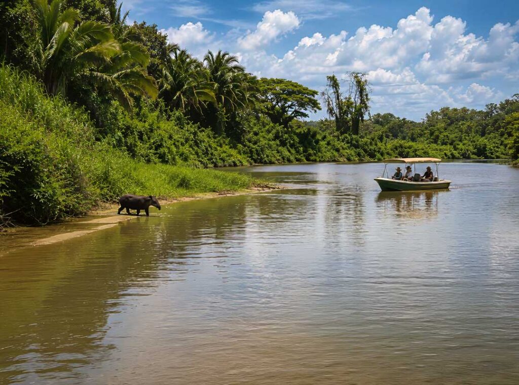 Tropical river scene with lush green banks, a small dark animal on the muddy shore, and a motorboat carrying passengers on the water.