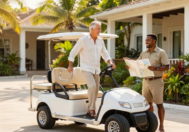 Guest arriving by golf cart at Belize boutique hotels with senior-friendly accessibility