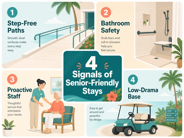 Chart showing 4 signals of senior-friendly accessibility at Belize boutique hotels, including walkable layouts, transportation, comfort, and personalized service