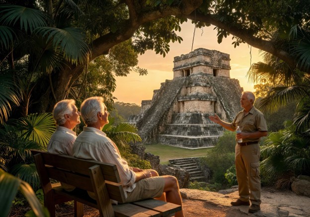 Senior couple exploring Maya ruins with a guide near Belize boutique hotels and senior-friendly accessibility tours