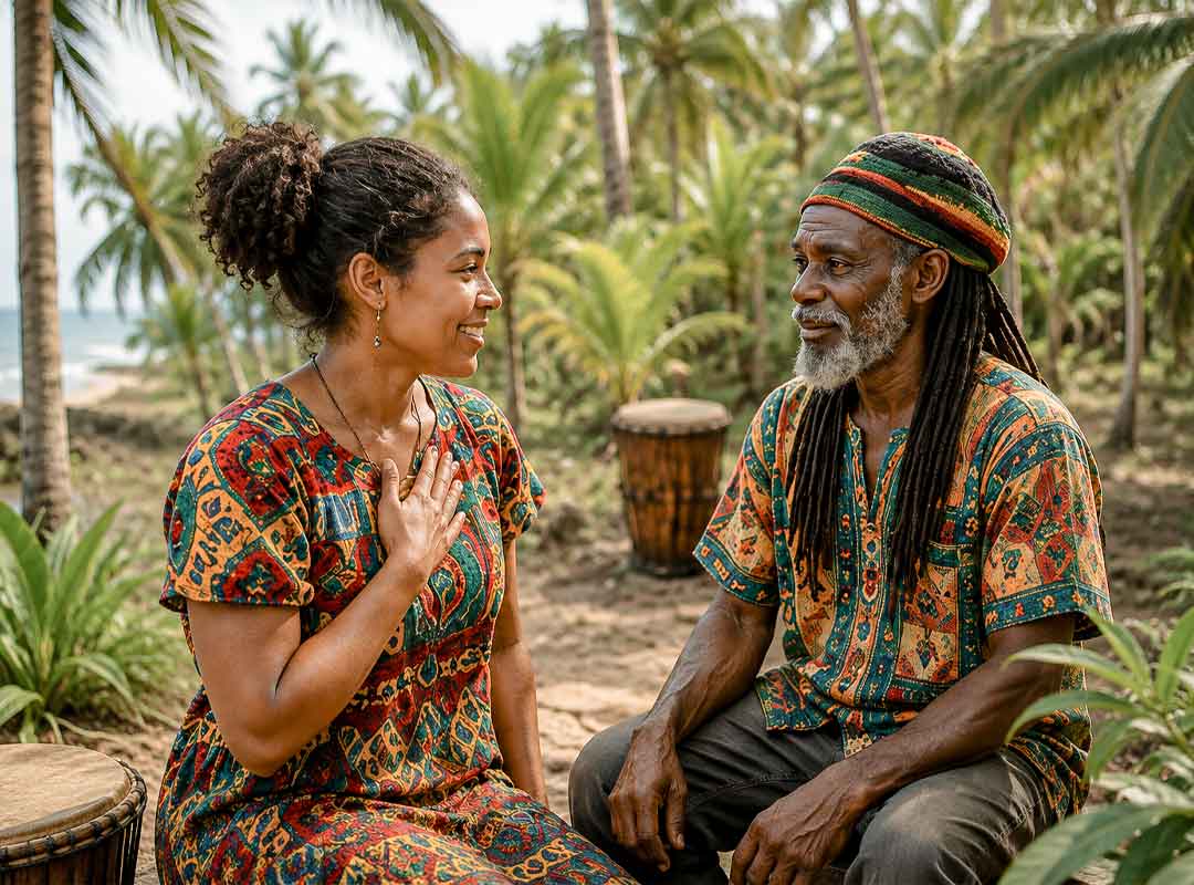 Traveler sharing a respectful cultural exchange with a Garifuna elder surrounded by tropical palms and traditional drums during a Garifuna Drumming Workshop, Belize.