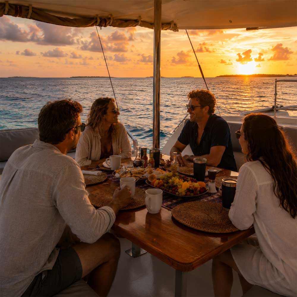 Two couples enjoying sunset conversations aboard a luxury catamaran during a Belize sailing vacation, surrounded by tropical fruits, cocktails, and panoramic Caribbean reef views.