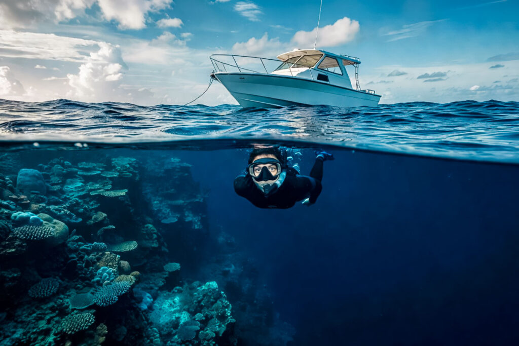 Snorkeling-blue-hole - Authentic Travel Belize Underwater Blue Hole snorkeling Belize experience with boat above the reef and clear Caribbean sky