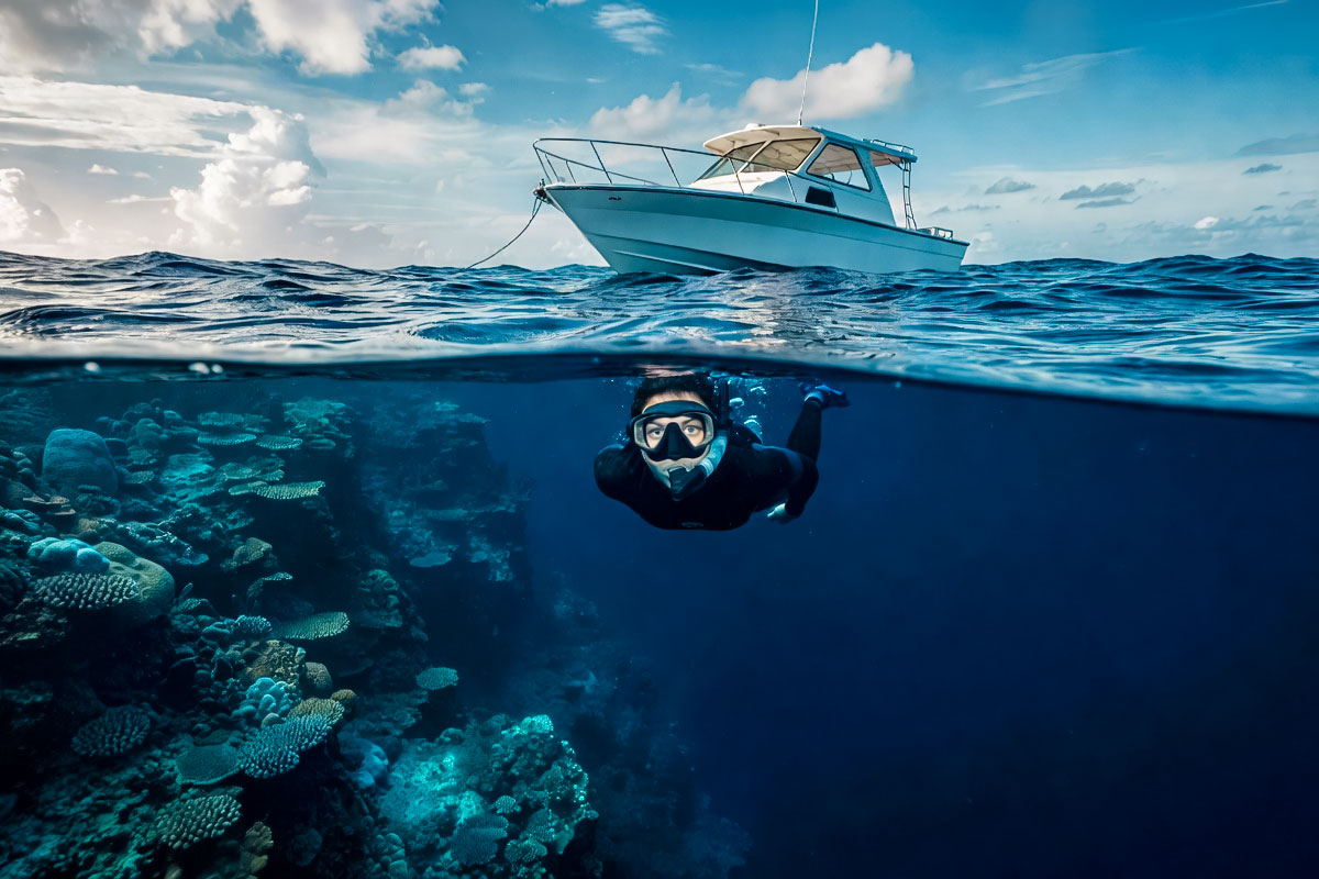 Underwater Blue Hole snorkeling Belize experience with boat above the reef and clear Caribbean sky
