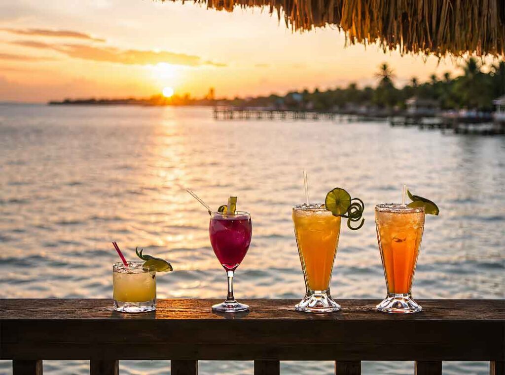 Four tropical cocktails lined up on a wooden railing at sunset by the water, with a pier in the distance.