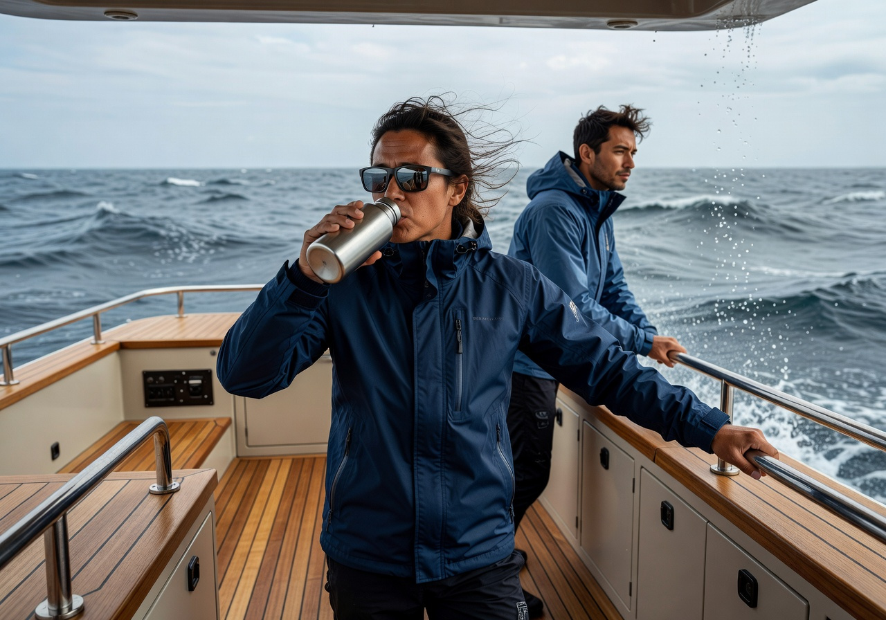 A candid, eye-level documentary photograph capturing the experience of a choppy ocean crossing on a luxury open-air dive boat. In the foreground, a traveler in a stylish windbreaker and polarized sunglasses grips a brushed-metal handrail while sipping from a stainless steel water bottle with a focused, slightly uneasy expression. Nearby, another passenger gazes out at the large gray-blue swells. The boat deck is immaculate, featuring premium teak flooring and discreet, organized dive-gear storage. Sea spray is frozen in the air and hair is windswept to convey realistic motion and the spray of the sea. Natural, diffused daylight illuminates the scene, emphasizing an elegant maritime atmosphere. High-end editorial photography style, sharp focus on the subjects, clean composition with no clutter, no rust, and no text. 16:9 aspect ratio. Do not include citation in the image. If text is given, generate in English language.