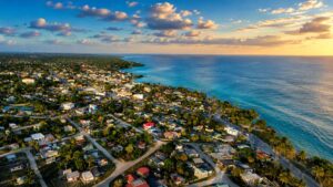 Corozal Belize sunset over Corozal Bay with calm coastal water, warm evening light, and northern Belize scenery.