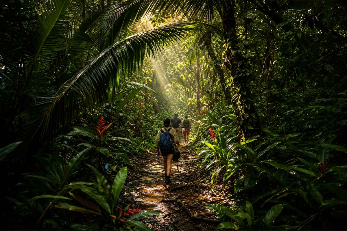 Group hiking through the tropical forest of Belize on an eco-friendly guided experience, representing nature-focused Belize travel styles and sustainable travel.