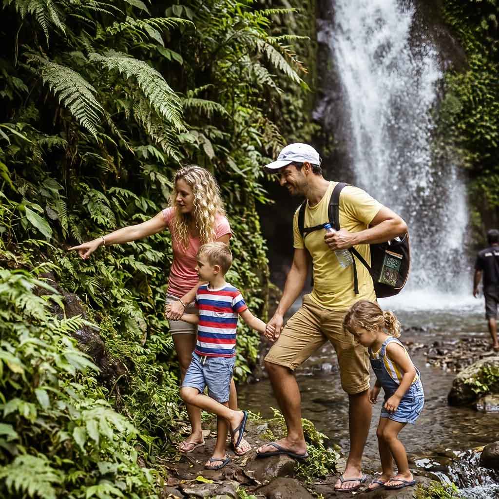 Belize Family Vacations with parents and children exploring a lush rainforest trail near a waterfall, discovering nature together at a relaxed family pace.