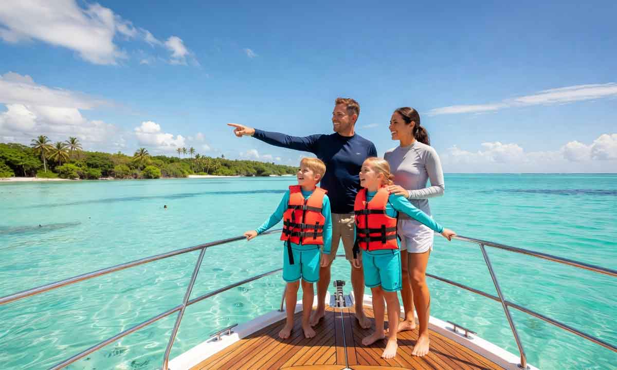 Belize-Family-Tours Belize Family Vacations with parents and two children on a boat watching wildlife along the tropical shores of Belize.