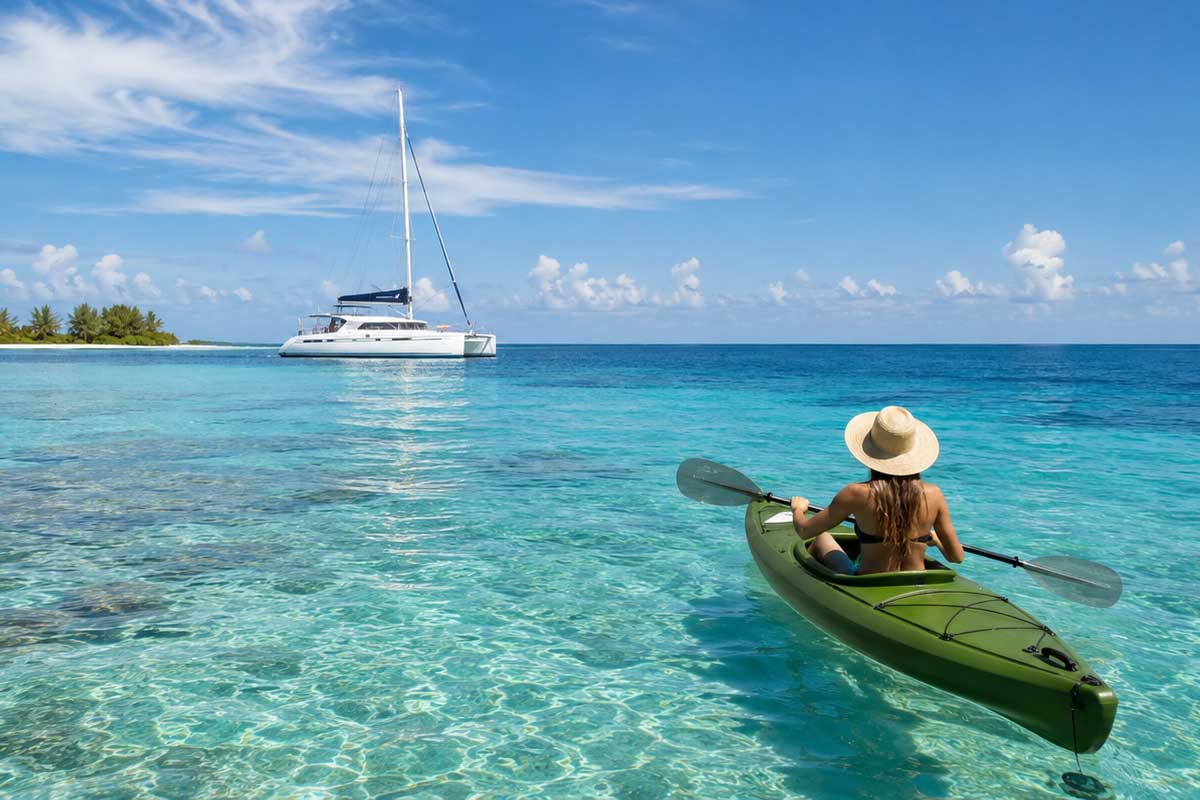 Woman kayaking in the quiet waters of the Belize Reef, with a luxury catamaran in the distance, reflecting elegant and serene Belize travel styles.