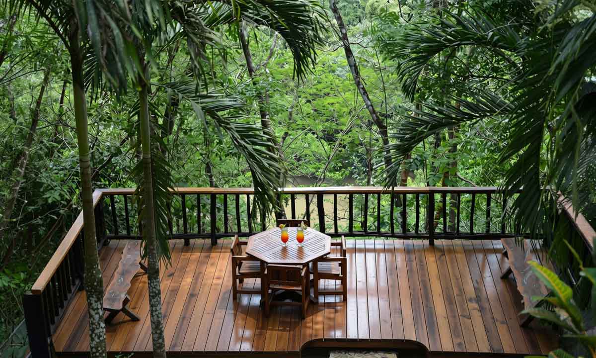 Jungle-Lodge-Belize Jungle lodge deck near San Ignacio, Belize, surrounded by tropical forest and river views