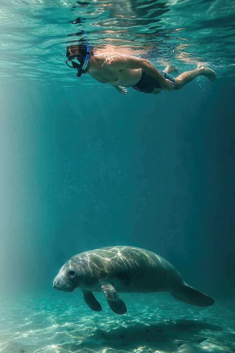 Manatee-Encounter Snorkeler observing a manatee in clear Belize waters during a Belize luxury and boutique travel marine wildlife experience.