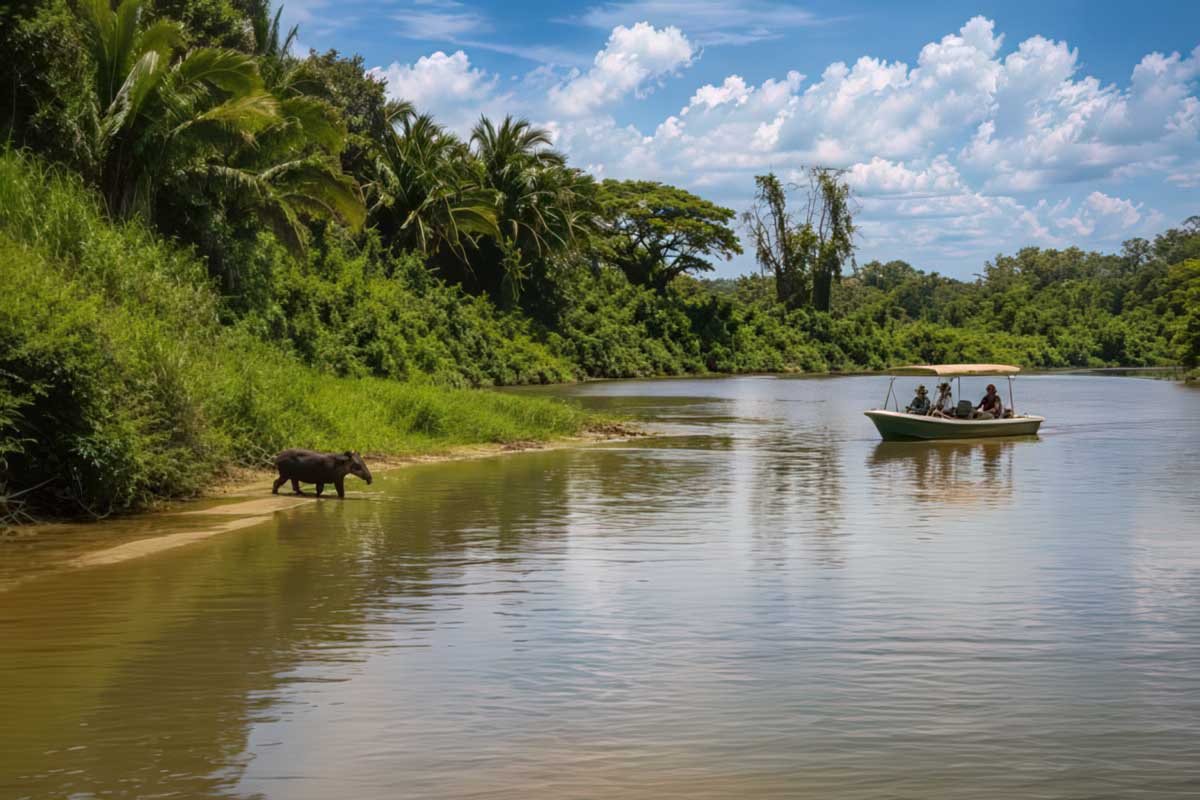 Travelers in a boat watching a tapir along a Belize river, capturing rainforest and wildlife experiences that define immersive Belize travel styles.