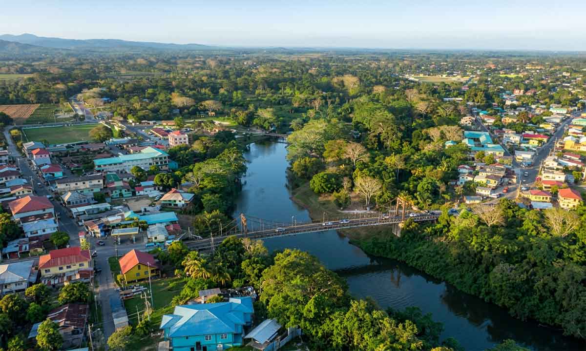 San-Ignacio-Belize Aerial view of San Ignacio, Belize, the inland base for Maya sites, river trips, caves, and jungle adventures