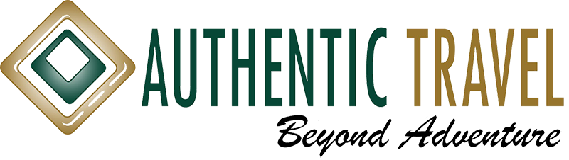 Authentic-Travel-logo Authentic Travel logo with a gold diamond emblem and bold green lettering, plus the script tagline 'Beyond Adventure' on a beige background.